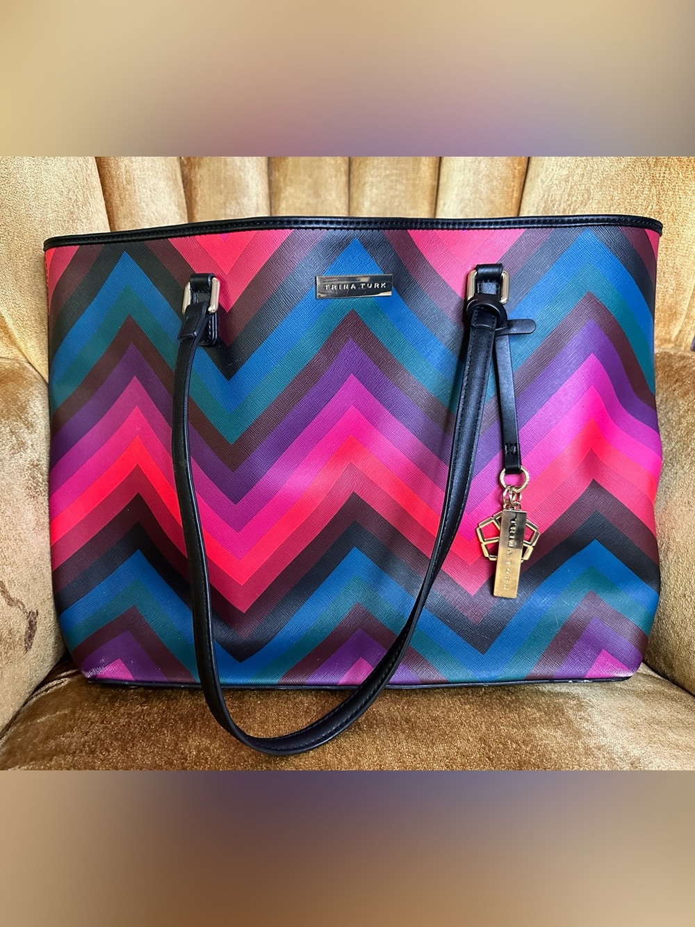 Trina Turk Chevron Tote in Pink, Purple, Teal & Black